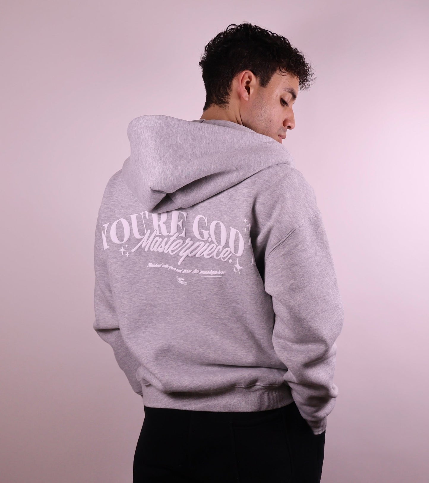 Close - up of 'We Are His Masterpiece' script on a forest green hoodie from We Are Chosen Apparel, inspired by Ephesians 2:10 - wearechosenapparel - 20% off all We Are Chosen Apparel hoodie