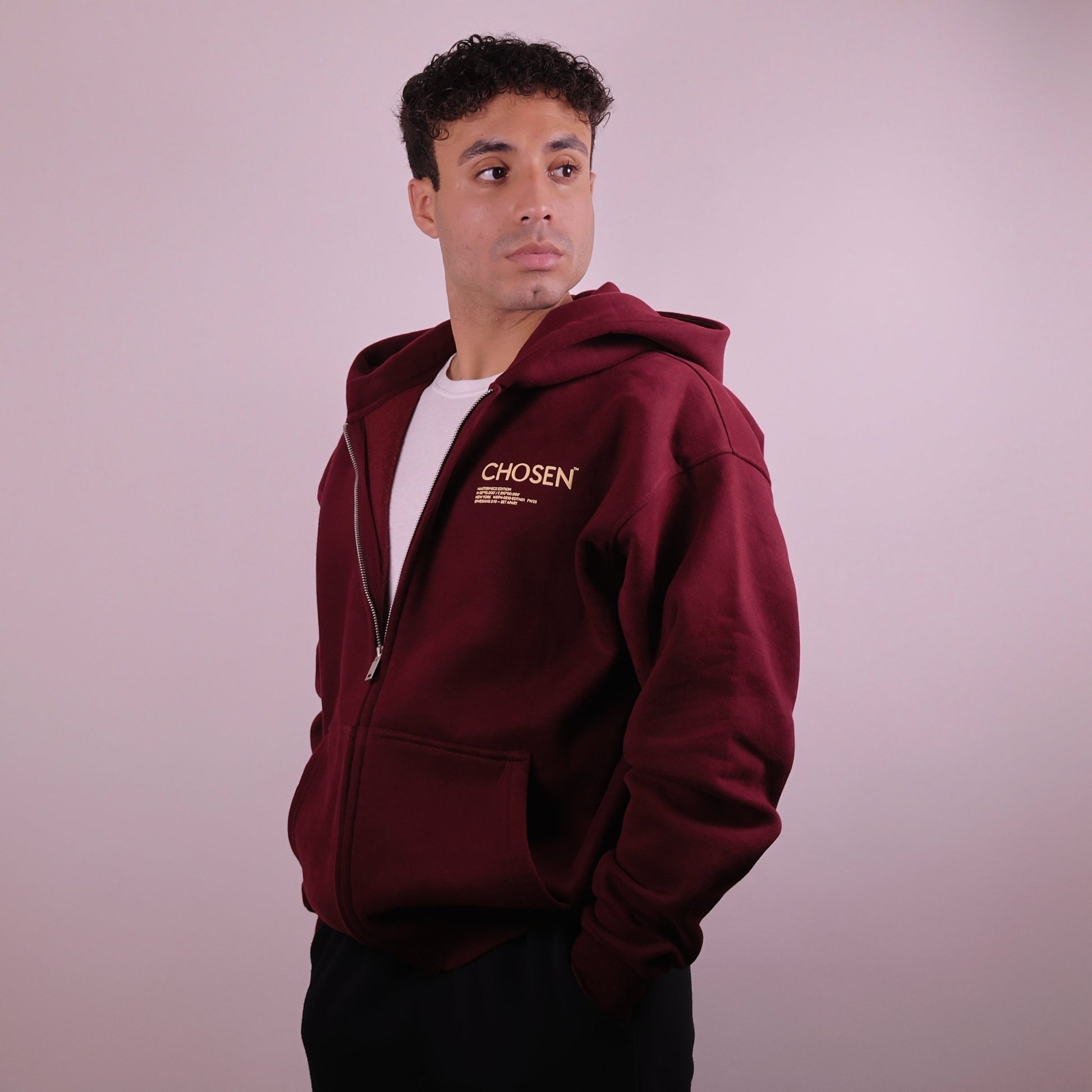 Close - up of 'We Are His Masterpiece' script on a forest green hoodie from We Are Chosen Apparel, inspired by Ephesians 2:10 - wearechosenapparel - 20% off all We Are Chosen Apparel hoodie