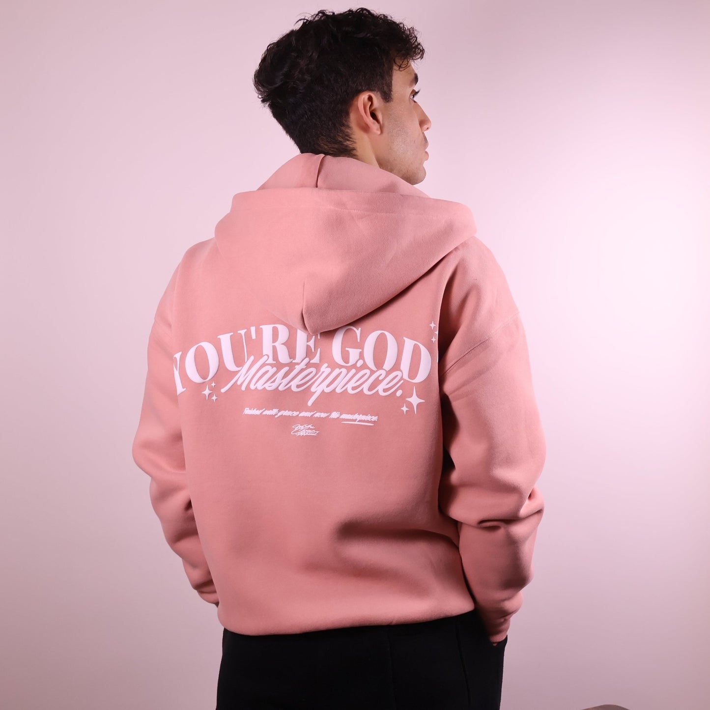 Close - up of 'We Are His Masterpiece' script on a forest green hoodie from We Are Chosen Apparel, inspired by Ephesians 2:10 - wearechosenapparel - 20% off all We Are Chosen Apparel hoodie