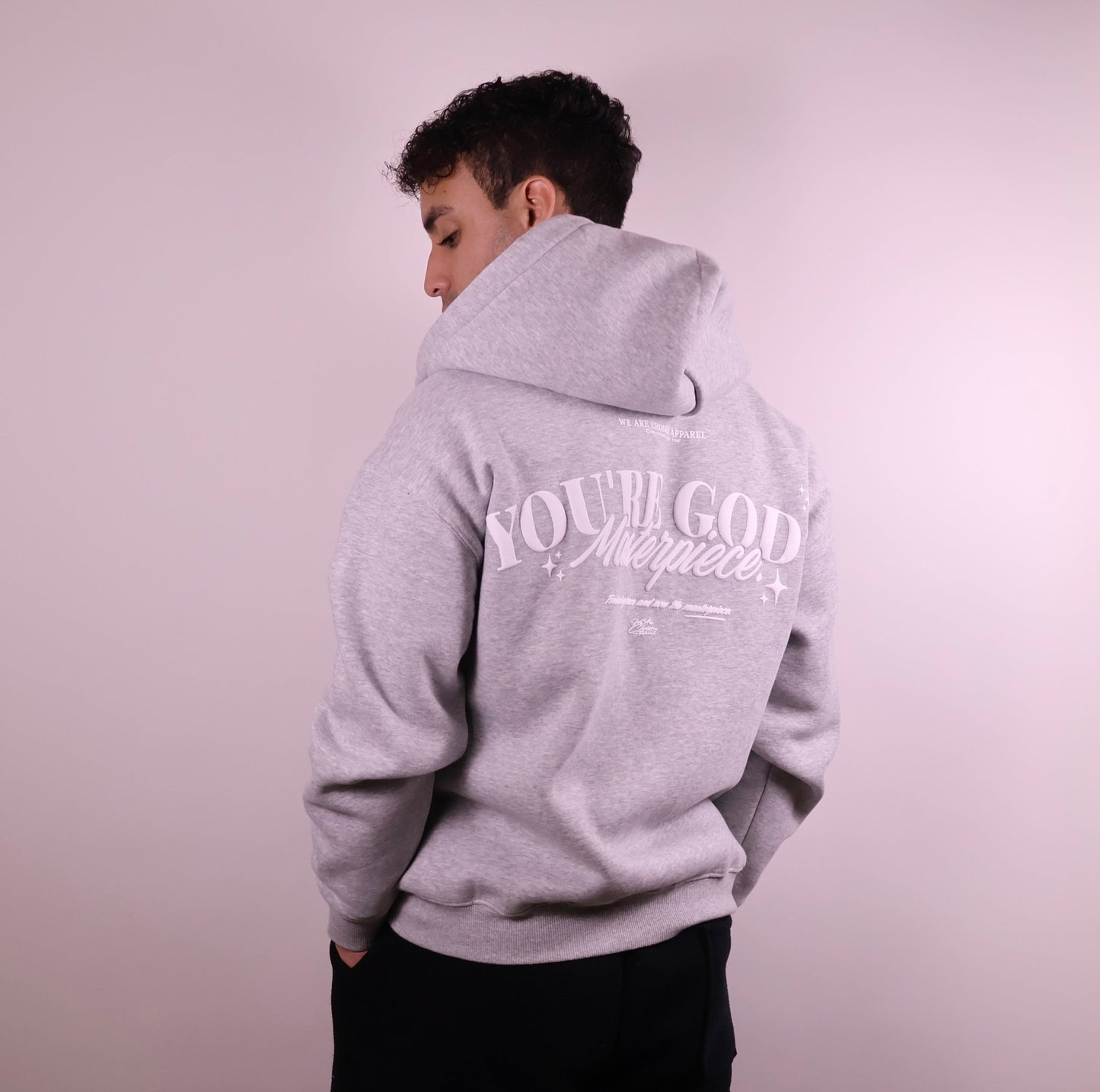 Close - up of 'We Are His Masterpiece' script on a forest green hoodie from We Are Chosen Apparel, inspired by Ephesians 2:10 - wearechosenapparel - 20% off all We Are Chosen Apparel hoodie