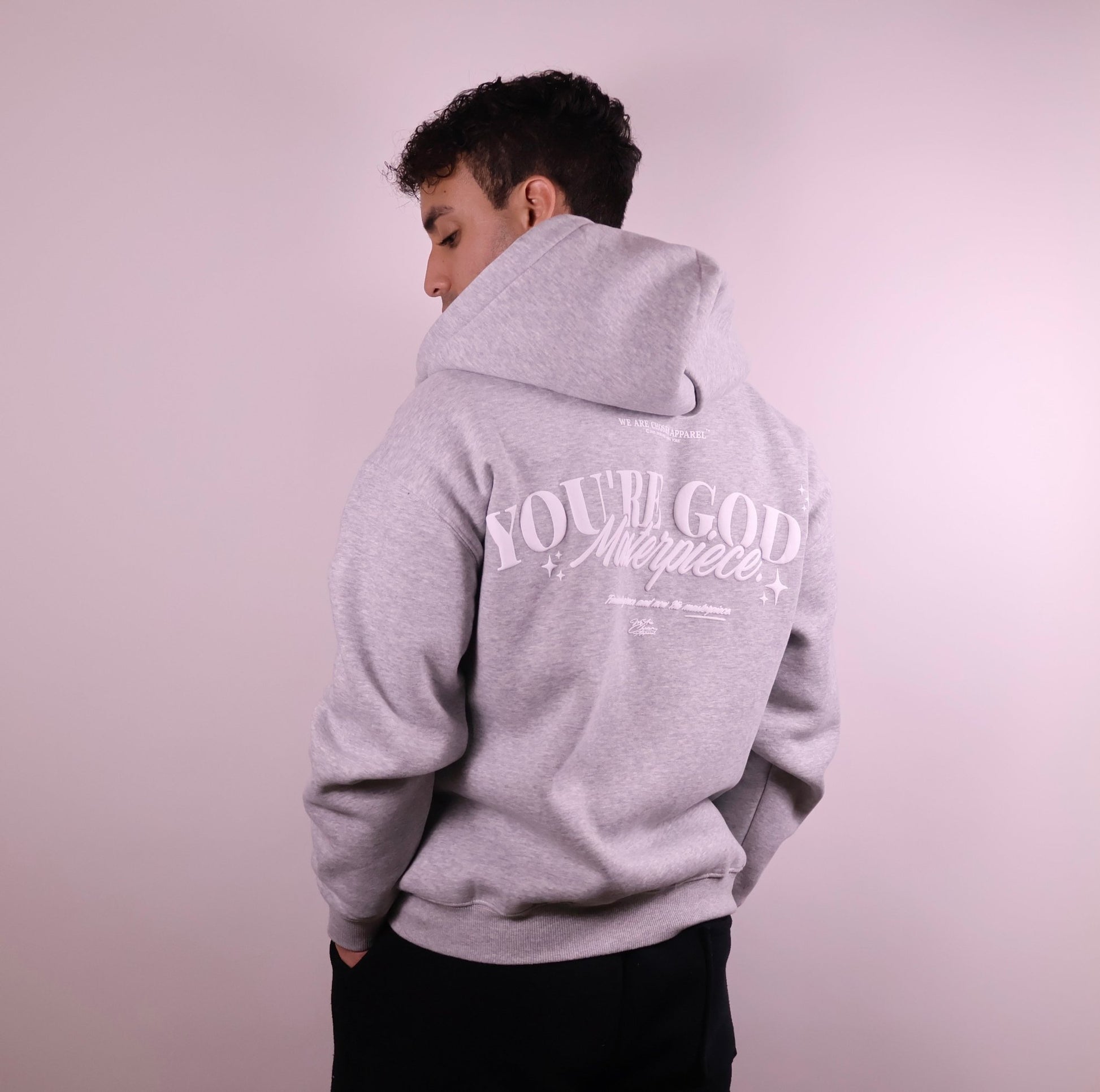 Close - up of 'We Are His Masterpiece' script on a forest green hoodie from We Are Chosen Apparel, inspired by Ephesians 2:10 - wearechosenapparel - 20% off all We Are Chosen Apparel hoodie