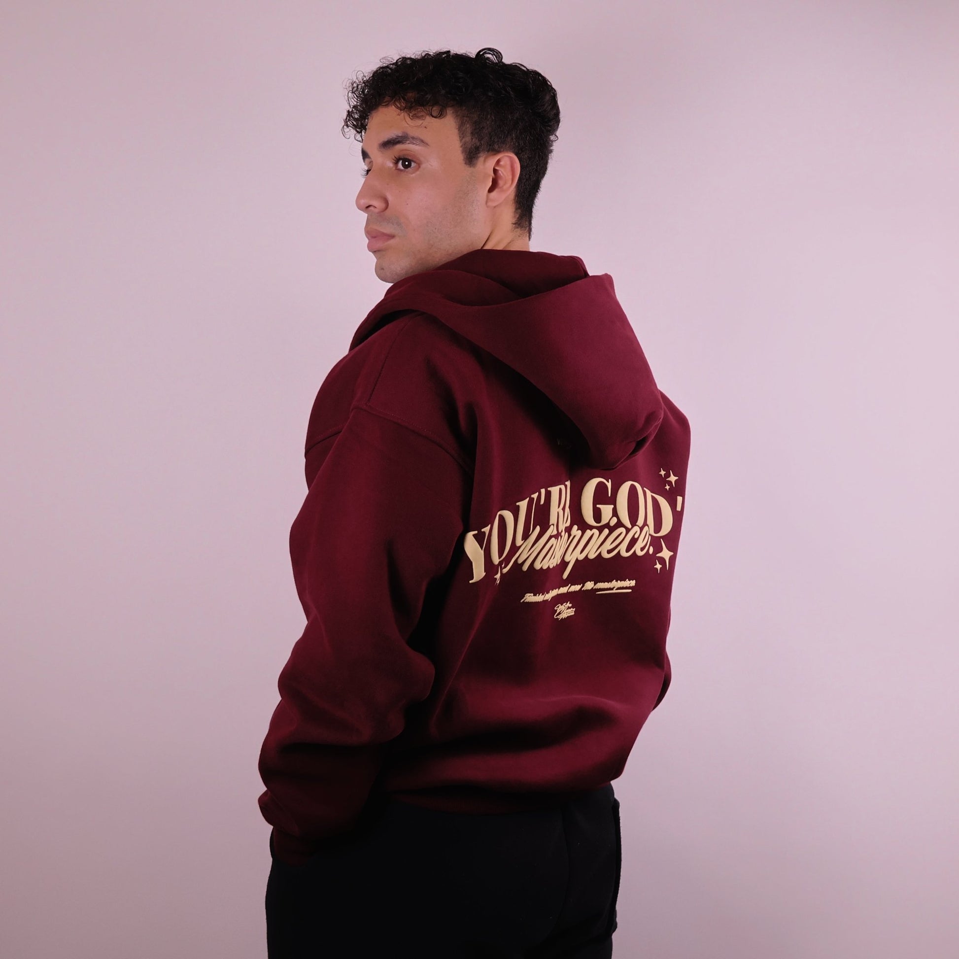 Close - up of 'We Are His Masterpiece' script on a forest green hoodie from We Are Chosen Apparel, inspired by Ephesians 2:10 - wearechosenapparel - 20% off all We Are Chosen Apparel hoodie