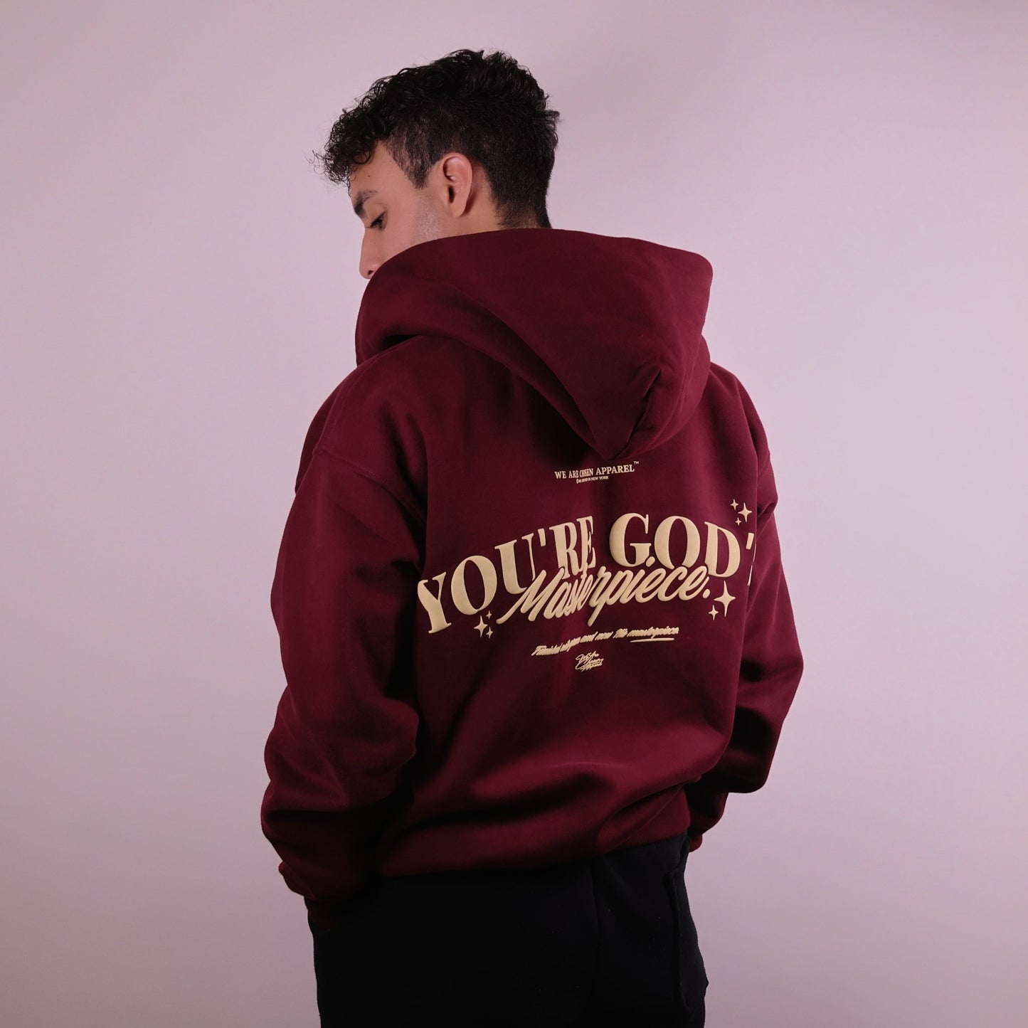 Close - up of 'We Are His Masterpiece' script on a forest green hoodie from We Are Chosen Apparel, inspired by Ephesians 2:10 - wearechosenapparel - 20% off all We Are Chosen Apparel hoodie