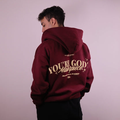 Close - up of 'We Are His Masterpiece' script on a forest green hoodie from We Are Chosen Apparel, inspired by Ephesians 2:10 - wearechosenapparel - 20% off all We Are Chosen Apparel hoodie