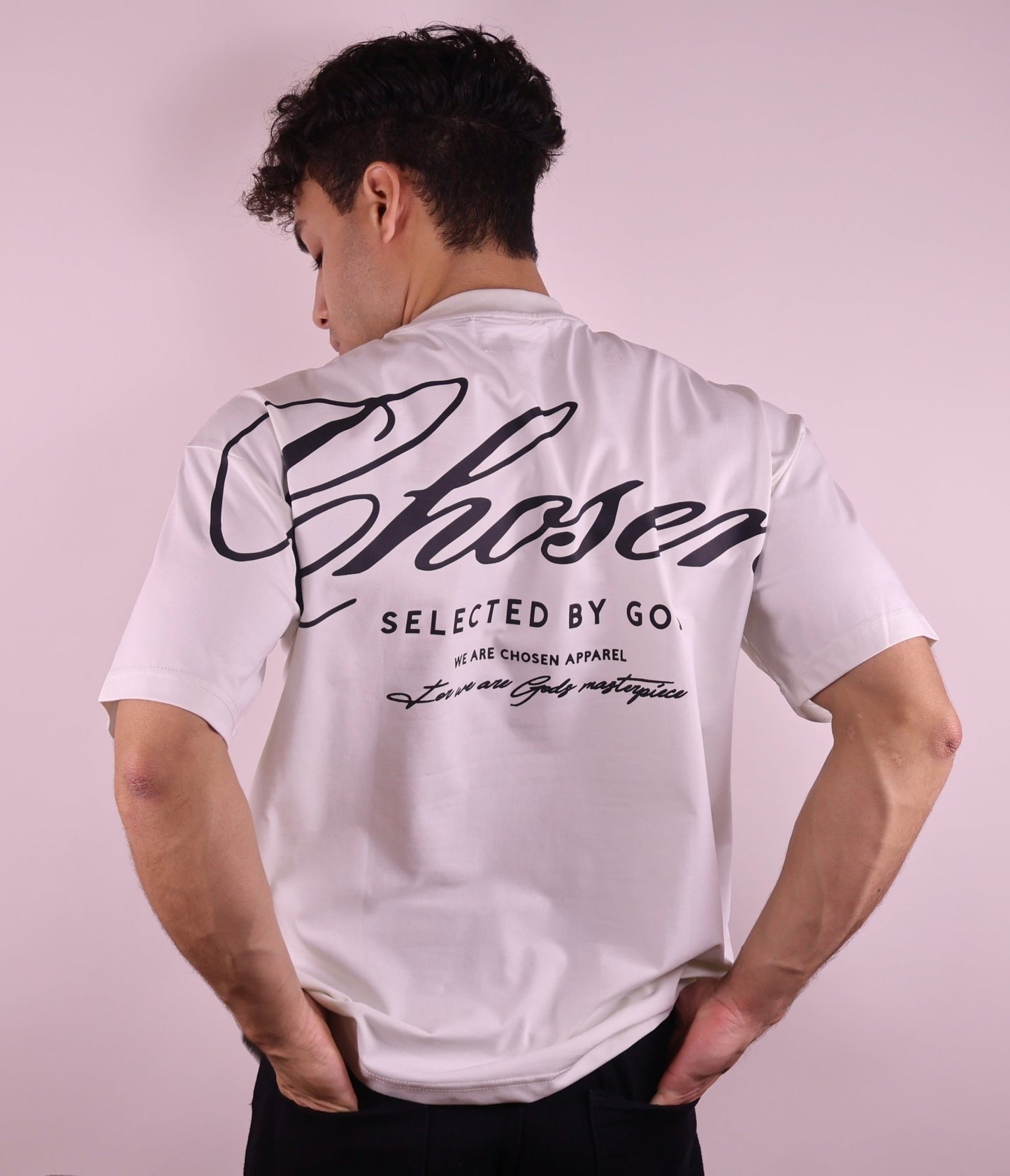 Close-up of 'We Are His Masterpiece' script on a forest green hoodie from We Are Chosen Apparel, inspired by Ephesians 2:10 - wearechosenapparel- 20% off all We Are Chosen Apparel hoodie