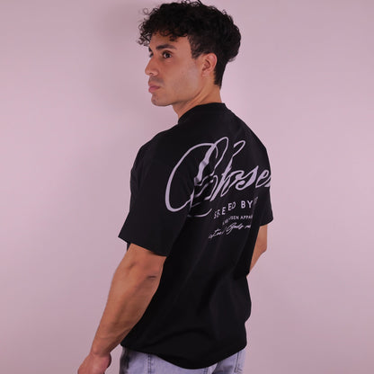 Close-up of 'We Are His Masterpiece' script on a forest green hoodie from We Are Chosen Apparel, inspired by Ephesians 2:10 - wearechosenapparel- 20% off all We Are Chosen Apparel hoodie