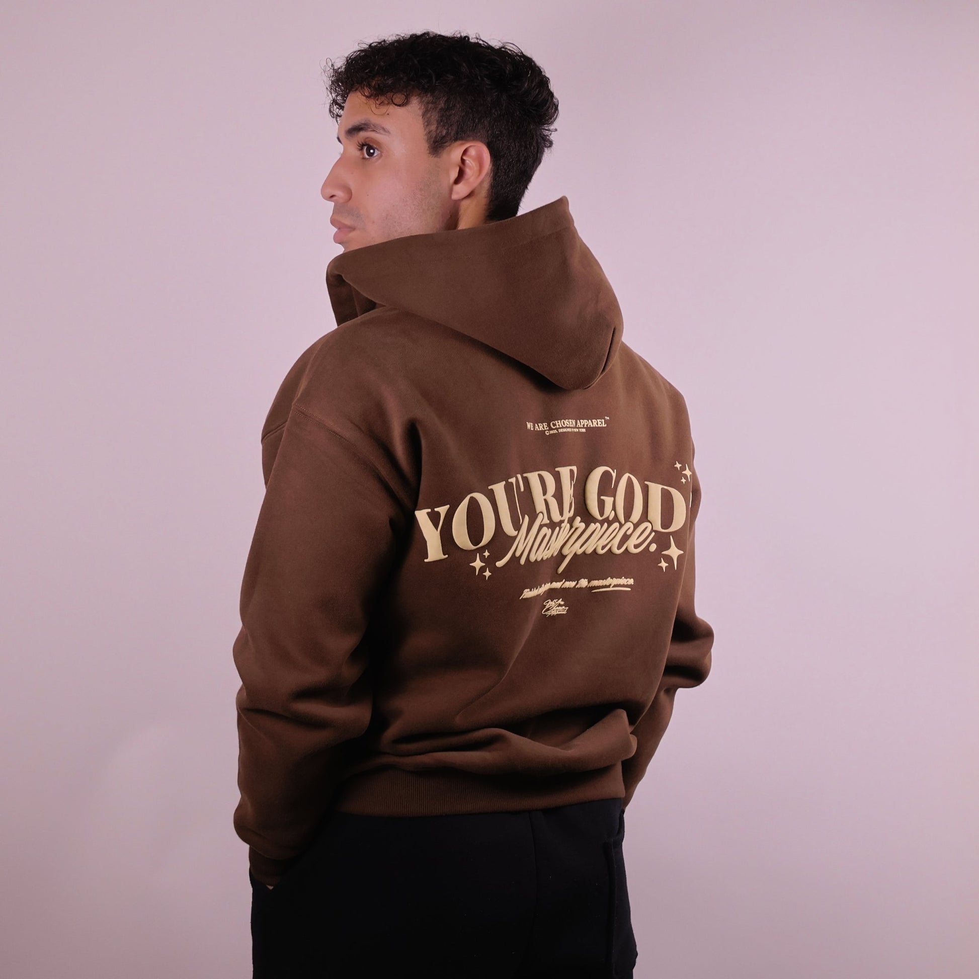 Close - up of 'We Are His Masterpiece' script on a forest green hoodie from We Are Chosen Apparel, inspired by Ephesians 2:10 - wearechosenapparel - 20% off all We Are Chosen Apparel hoodie