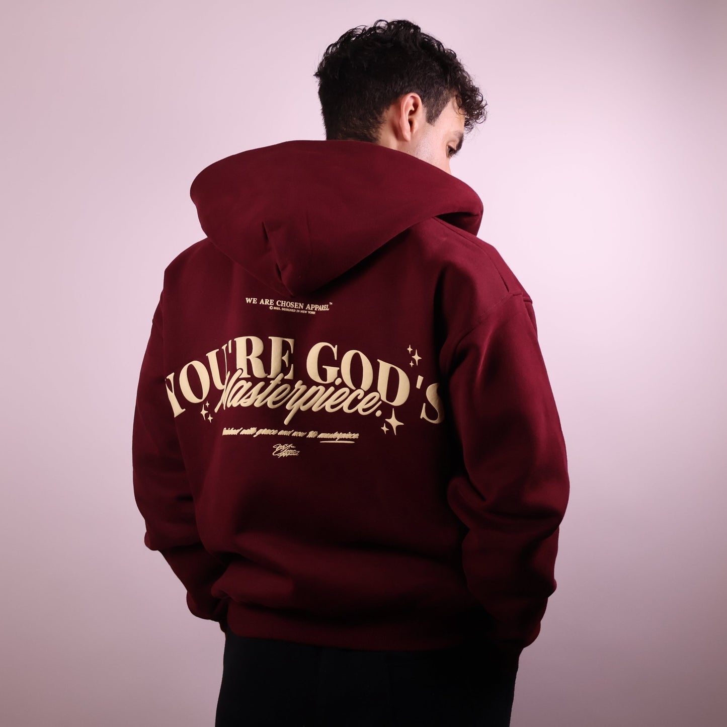 Close - up of 'We Are His Masterpiece' script on a forest green hoodie from We Are Chosen Apparel, inspired by Ephesians 2:10 - wearechosenapparel - 20% off all We Are Chosen Apparel hoodie