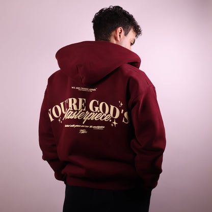 Close - up of 'We Are His Masterpiece' script on a forest green hoodie from We Are Chosen Apparel, inspired by Ephesians 2:10 - wearechosenapparel - 20% off all We Are Chosen Apparel hoodie