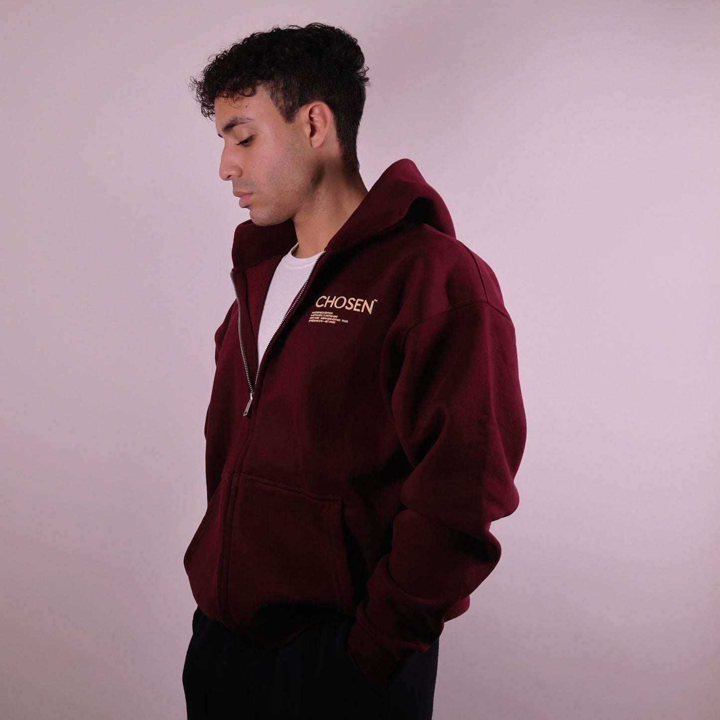 Close - up of 'We Are His Masterpiece' script on a forest green hoodie from We Are Chosen Apparel, inspired by Ephesians 2:10 - wearechosenapparel - 20% off all We Are Chosen Apparel hoodie