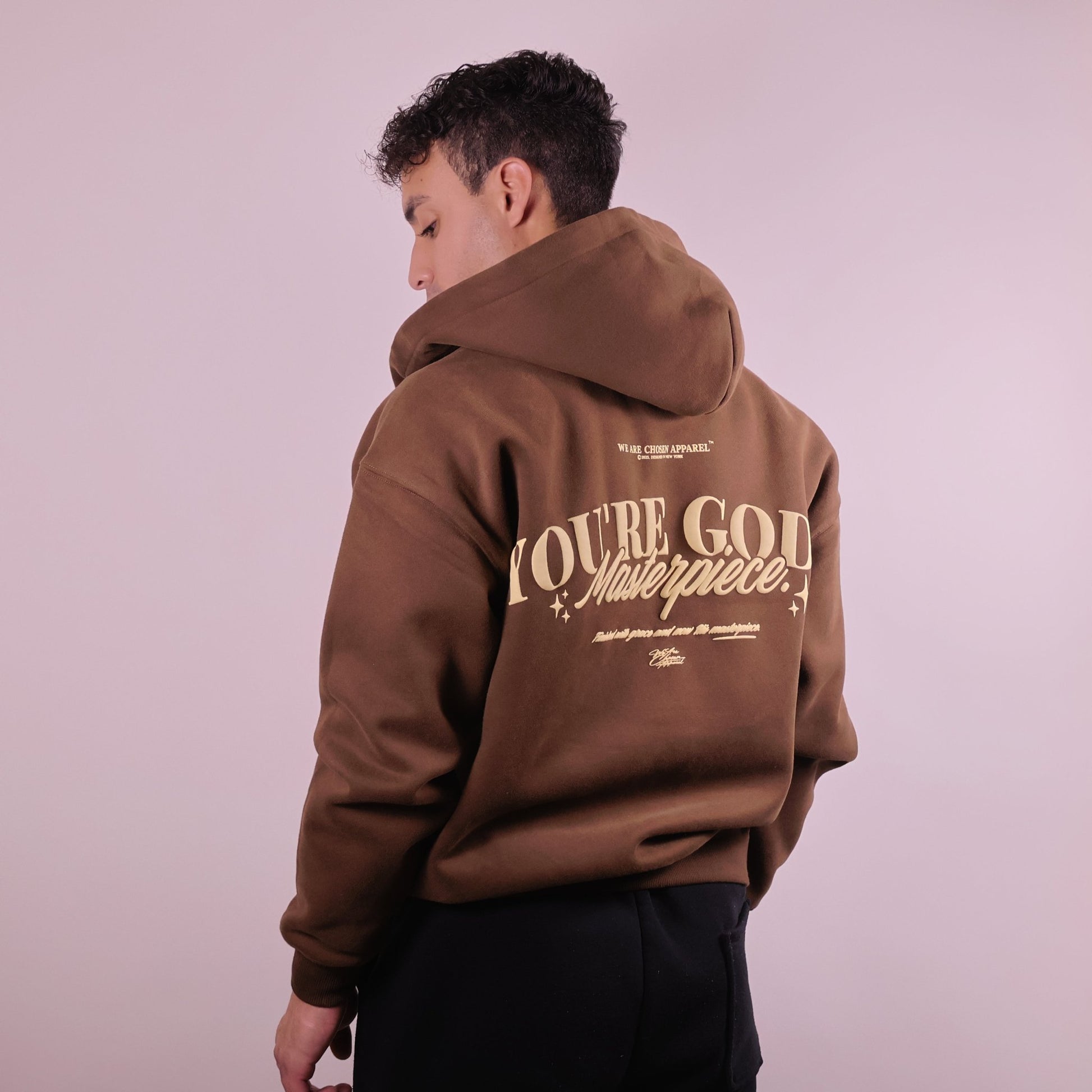 Close - up of 'We Are His Masterpiece' script on a forest green hoodie from We Are Chosen Apparel, inspired by Ephesians 2:10 - wearechosenapparel - 20% off all We Are Chosen Apparel hoodie