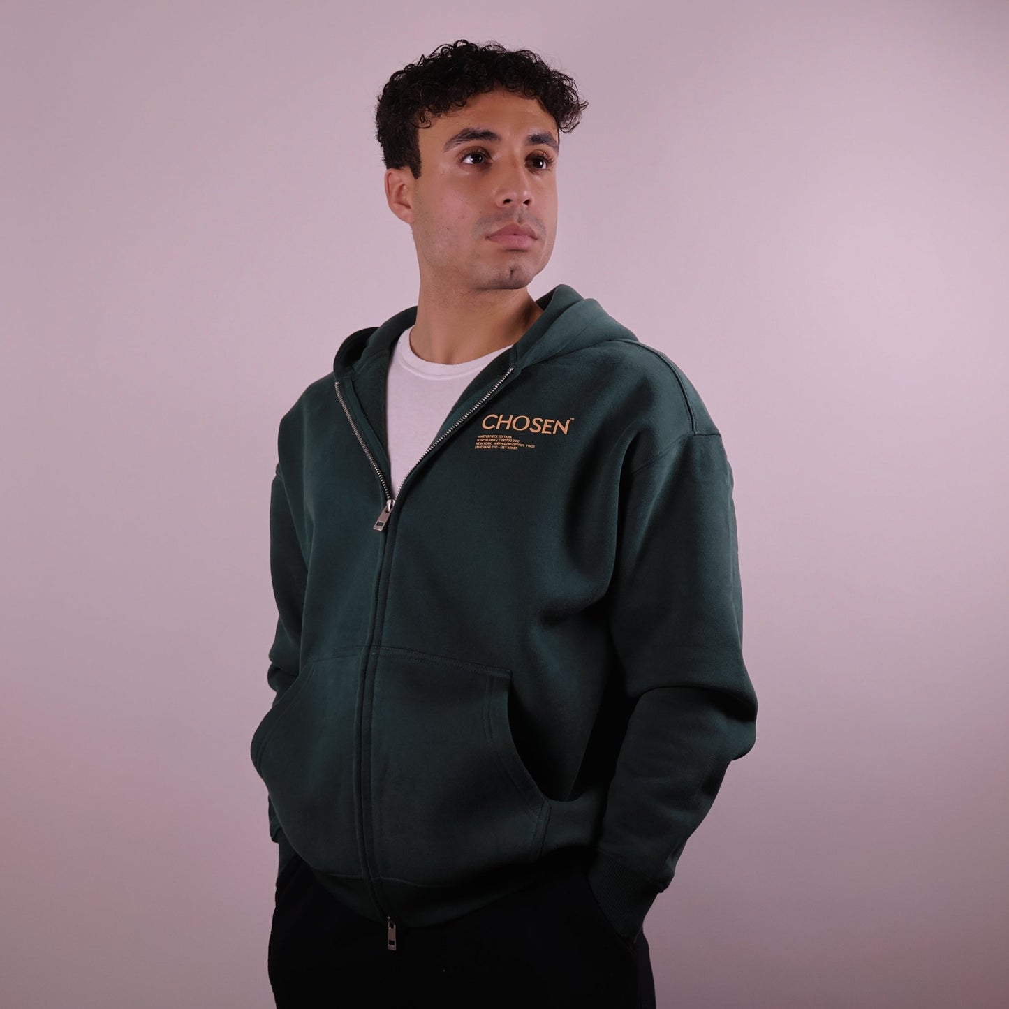 Close - up of 'We Are His Masterpiece' script on a forest green hoodie from We Are Chosen Apparel, inspired by Ephesians 2:10 - wearechosenapparel - 20% off all We Are Chosen Apparel hoodie