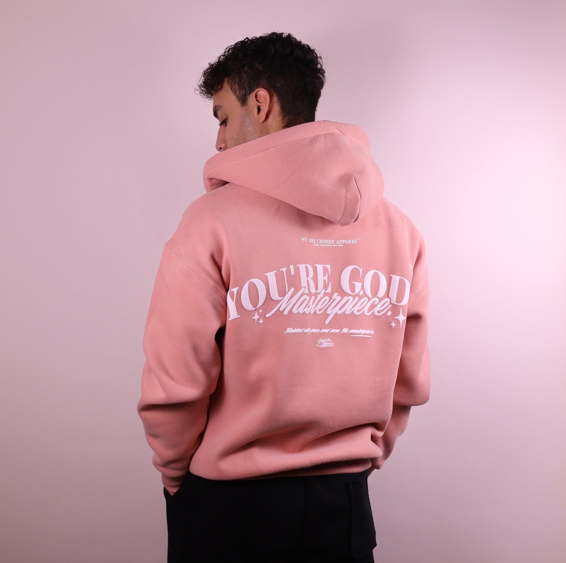 Close - up of 'We Are His Masterpiece' script on a forest green hoodie from We Are Chosen Apparel, inspired by Ephesians 2:10 - wearechosenapparel - 20% off all We Are Chosen Apparel hoodie