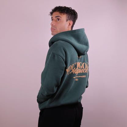 Close - up of 'We Are His Masterpiece' script on a forest green hoodie from We Are Chosen Apparel, inspired by Ephesians 2:10 - wearechosenapparel - 20% off all We Are Chosen Apparel hoodie
