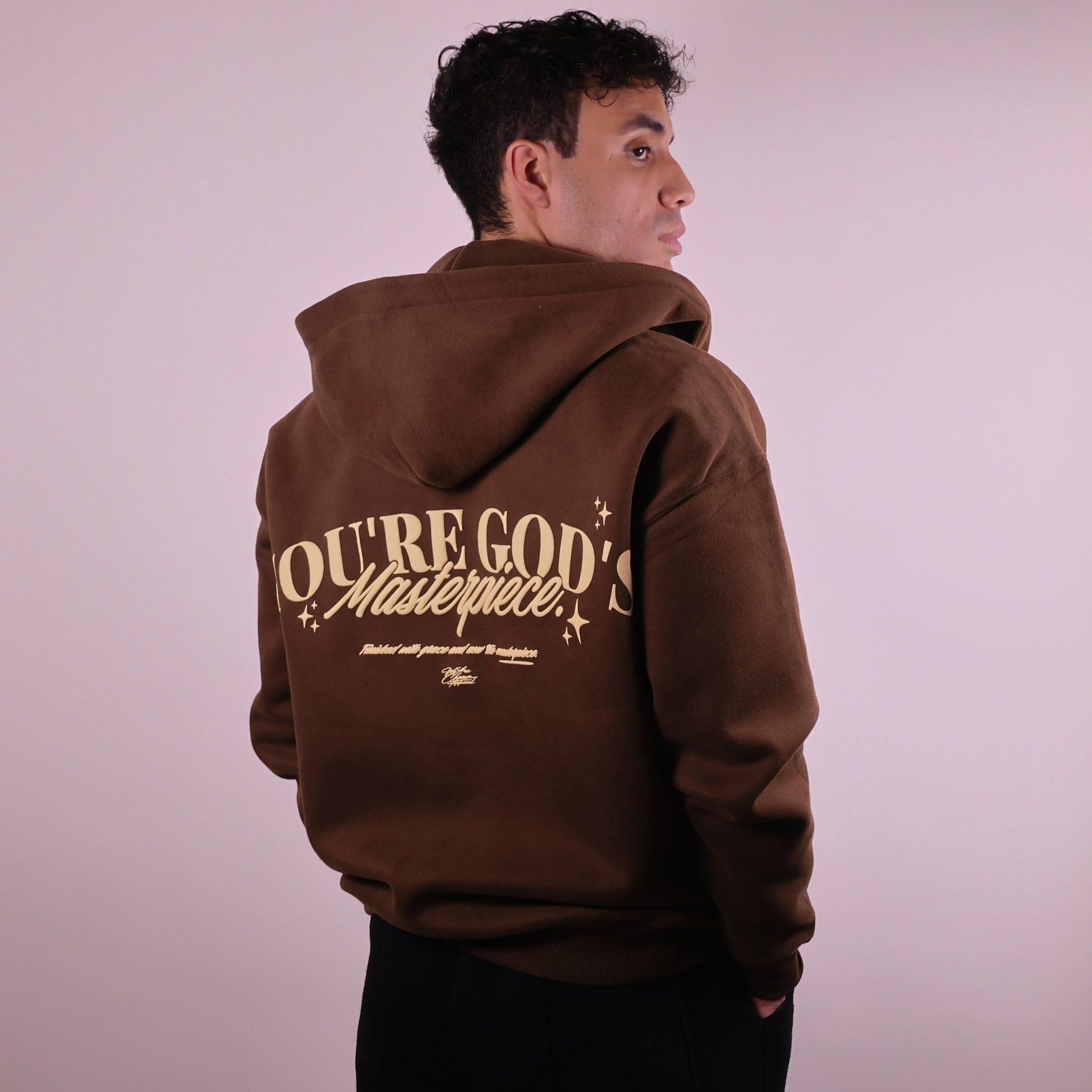 Close - up of 'We Are His Masterpiece' script on a forest green hoodie from We Are Chosen Apparel, inspired by Ephesians 2:10 - wearechosenapparel - 20% off all We Are Chosen Apparel hoodie