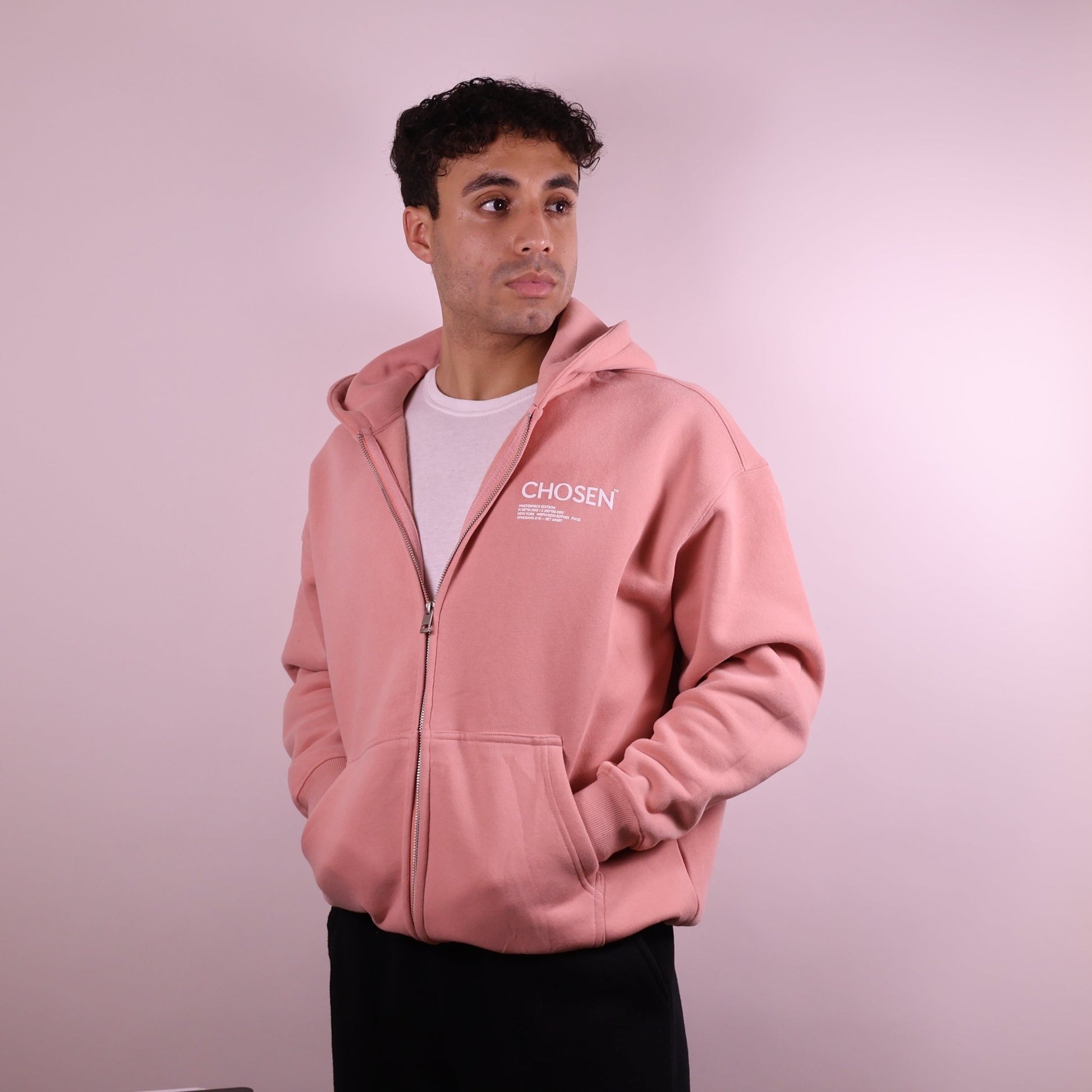 Close - up of 'We Are His Masterpiece' script on a forest green hoodie from We Are Chosen Apparel, inspired by Ephesians 2:10 - wearechosenapparel - 20% off all We Are Chosen Apparel hoodie