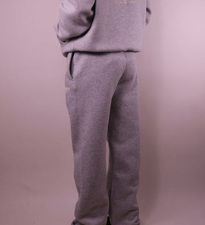 Gray sweatpants with a brand logo on a plain background