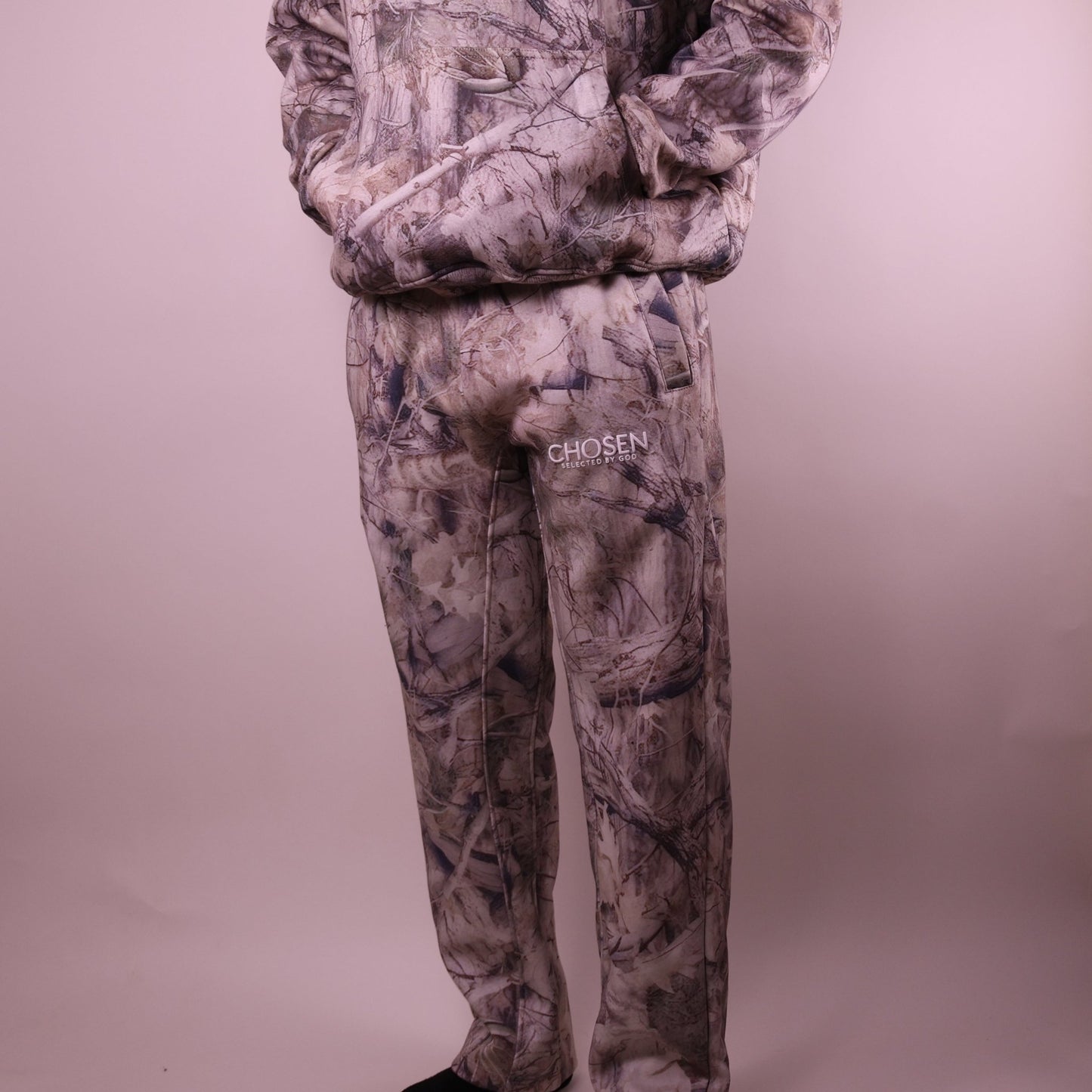 Camouflage outfit with Chosen branding on a plain background